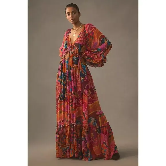 FARM RIO Vintage Wave Maxi Dress Long Sleeve Multicolor V Neck Women's M
